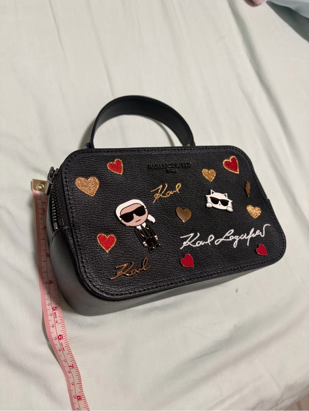 Karl Lagerfeld Black Mini Top-Handle Bag with Heart and Character Patches - Picture 9 of 10